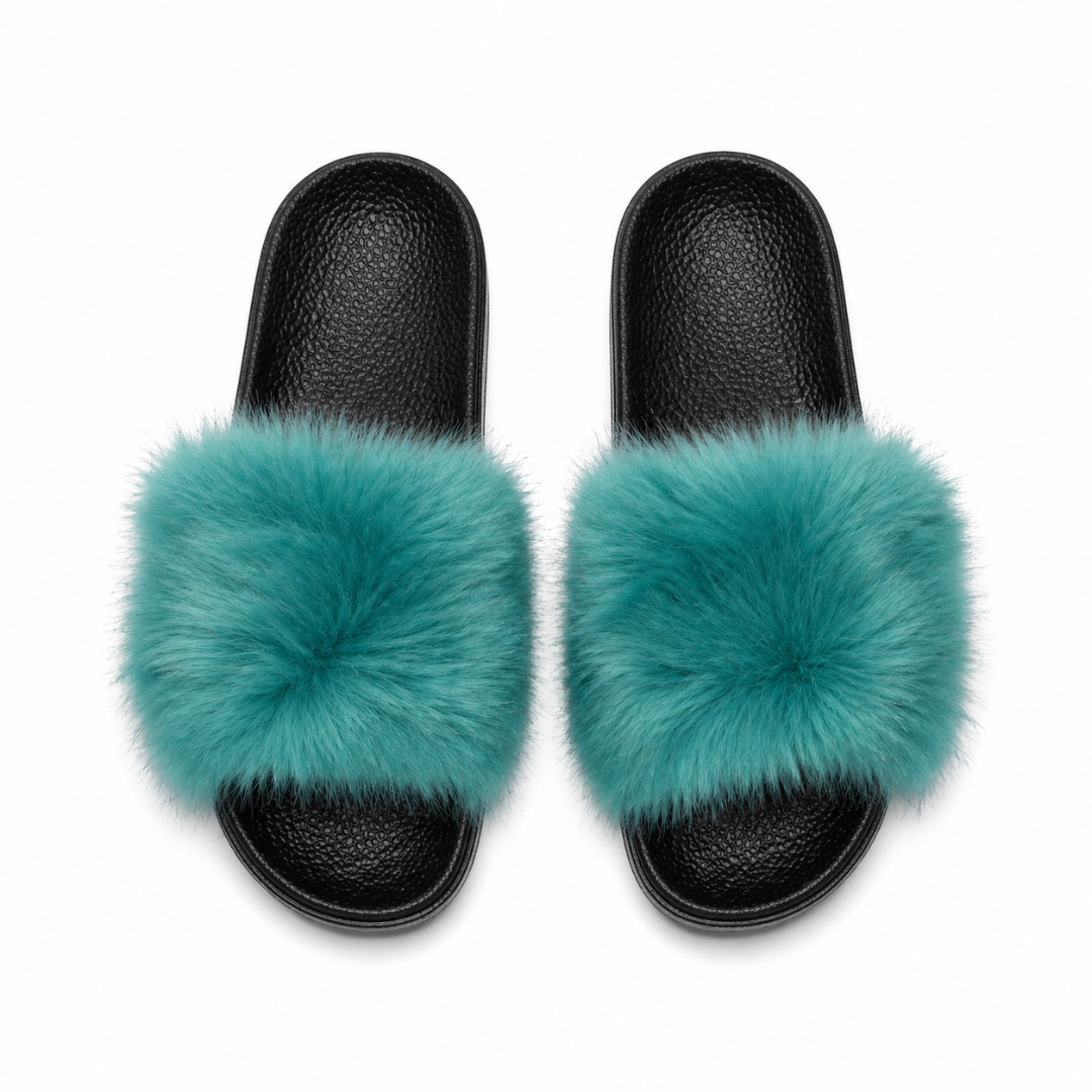 Women Teal Green Plush Fluffy Strap Casual SlipOn Sandals