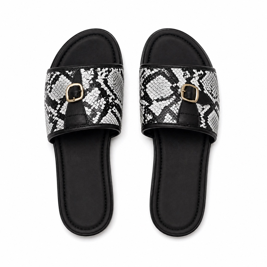 Quality women Black and White Textured Strap Buckle Casual Slip on