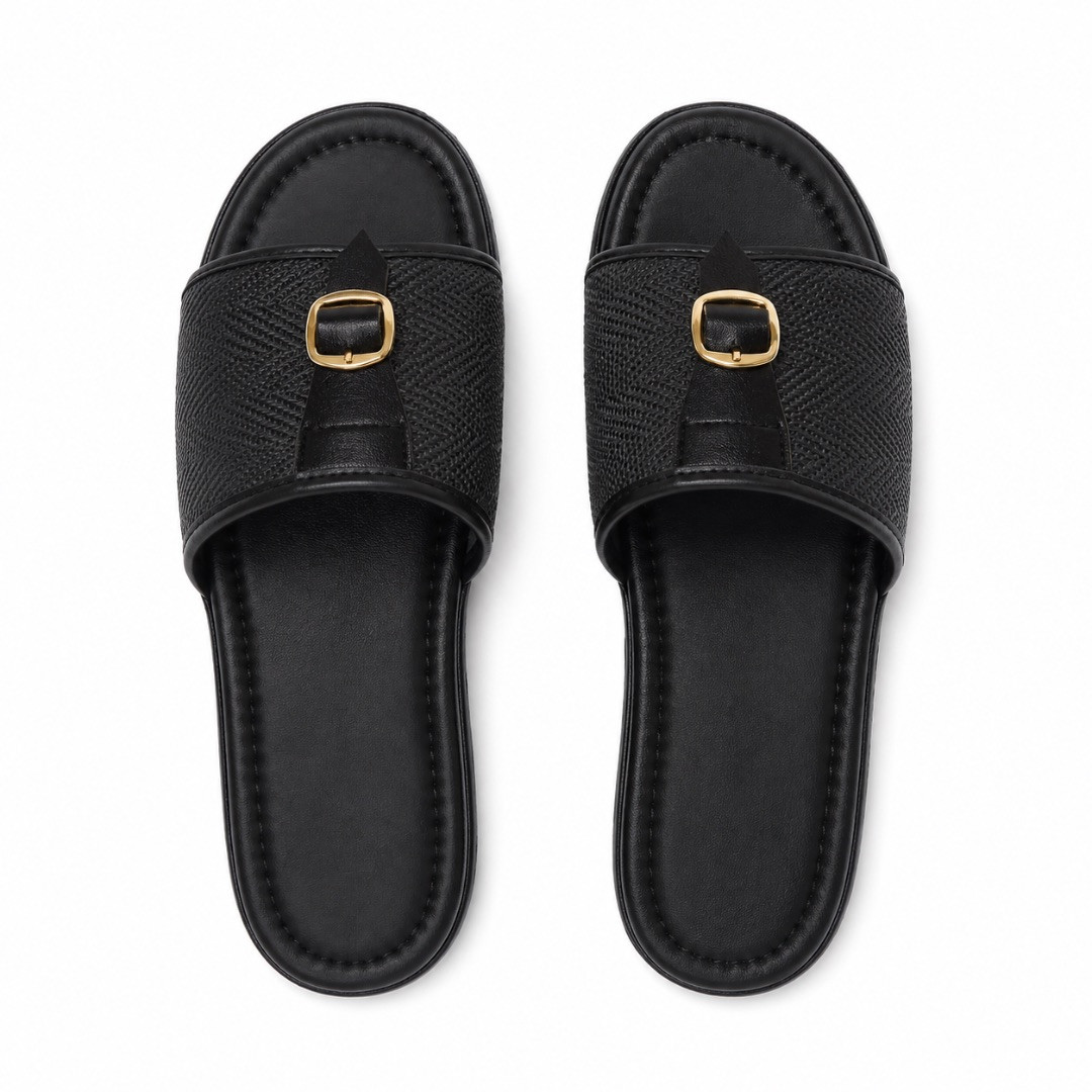 Quality women Black Buckle Detail Casual Slip On Sandals