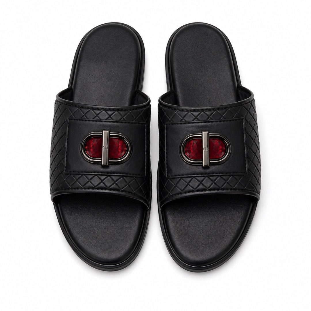 Quality Men Black Textured Strap with Red Accent Casual Slippers