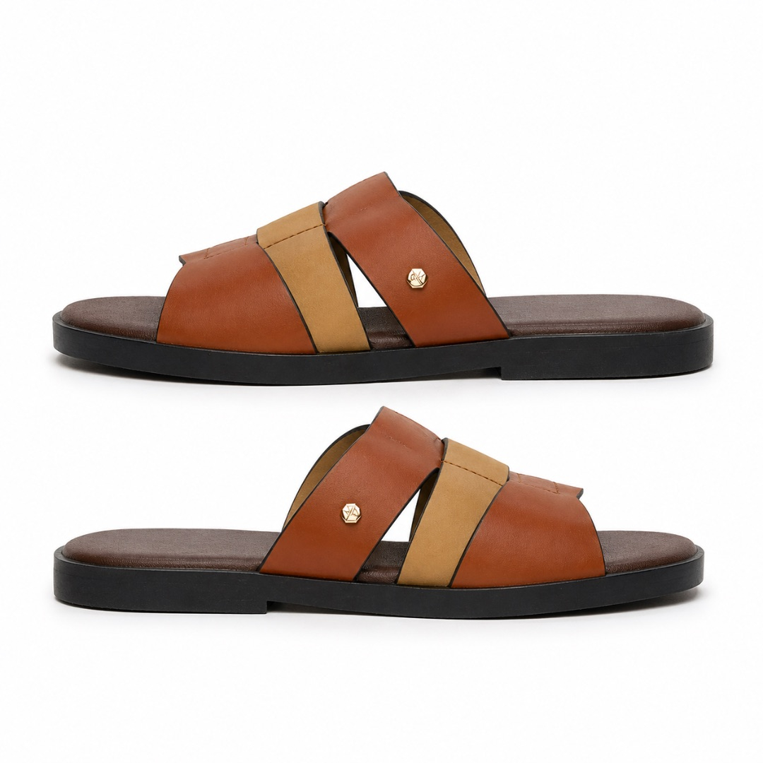 Mens brown Layered Multi Strap Leather Slide Sandals