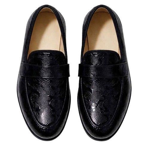 Black Textured Leather Loafers with  Metal  Logo Accent
