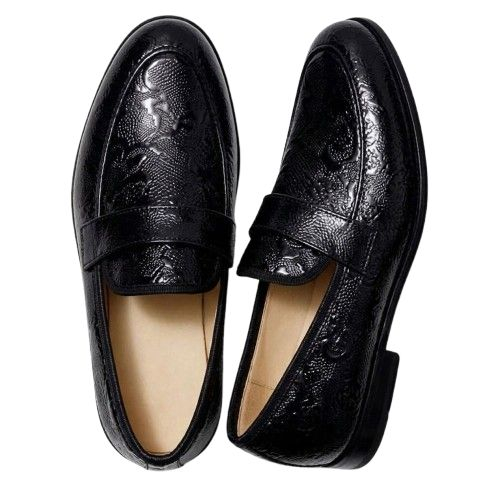 Black Textured Leather Loafers with  Metal  Logo Accent