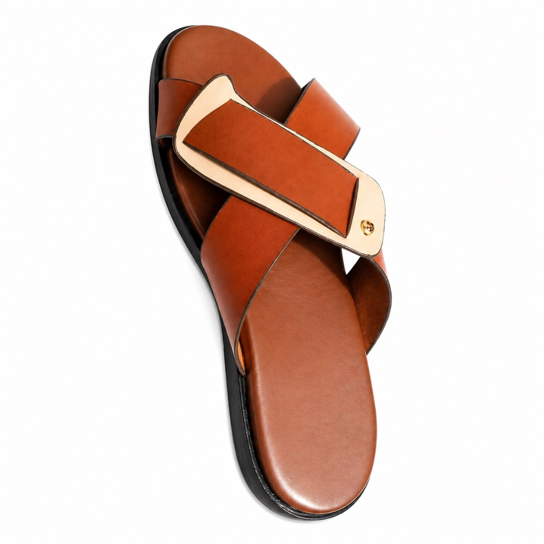 Mens Brown Cross Strap Leather Slide Sandals