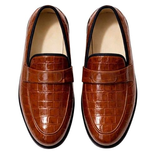 Brown Croc Embossed Leather  Loafers with Metal Logo Accent