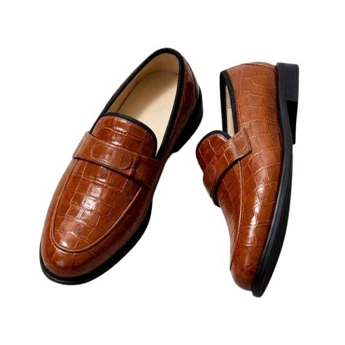 Brown Croc Embossed Leather  Loafers with Metal Logo Accent