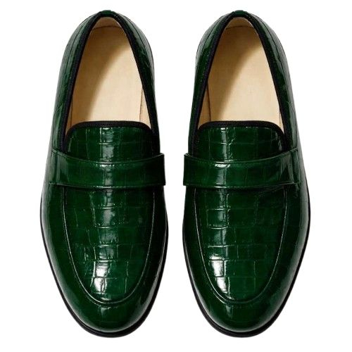 Green Croc Embossed Leather  Loafers  with Metal Logo Accent