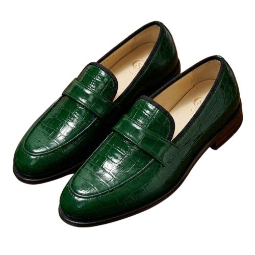 Green Croc Embossed Leather  Loafers  with Metal Logo Accent