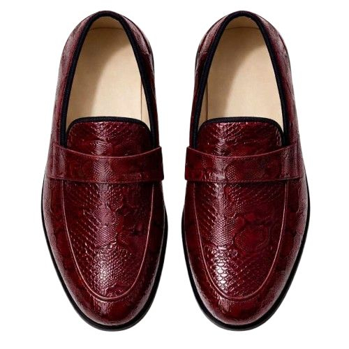 Wine Red Textured Leather Loafers with Metal Logo  Accent