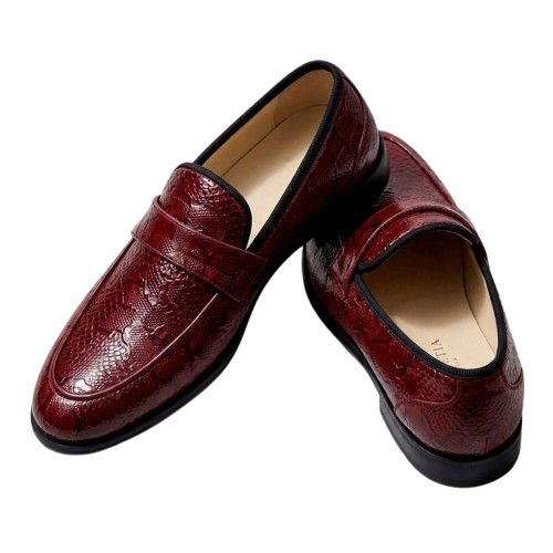Wine Red Textured Leather Loafers with Metal Logo  Accent