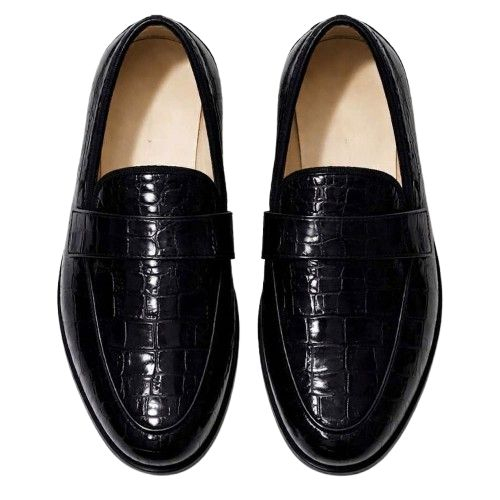 Black Croc Embossed Leather Loafers with  Metal Logo  Accent