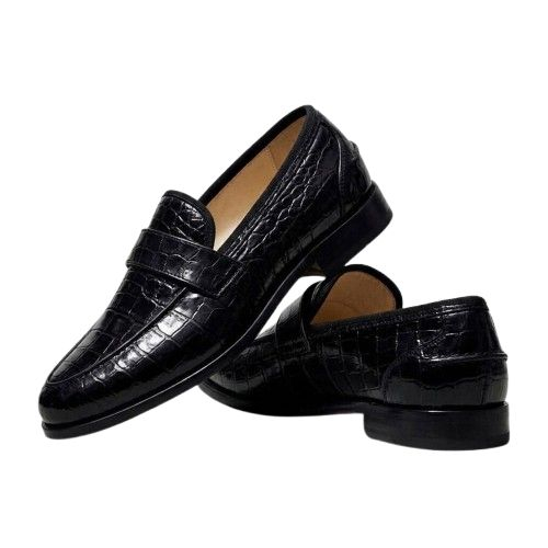 Black Croc Embossed Leather Loafers with  Metal Logo  Accent