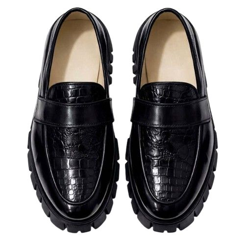 Black Textured Leather Lug Sole Loafers  with Gold  Horsebit Detail