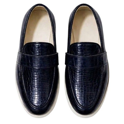 Black Croc Embossed Platform  Loafers with  Gold Horsebit Detail