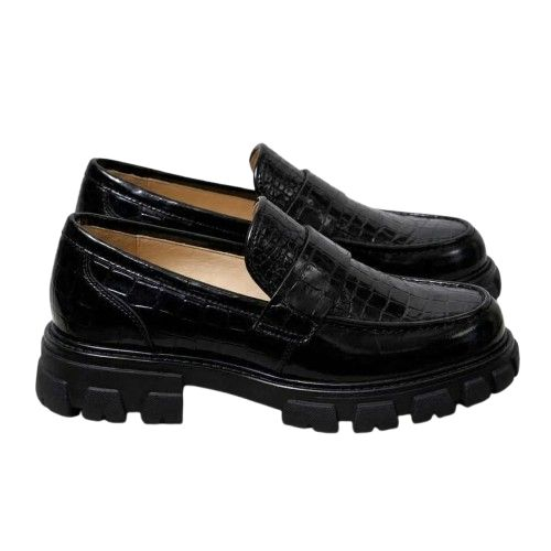 Mens Black Croc Texture Patent Leather Loafers with Metal Bit Detail