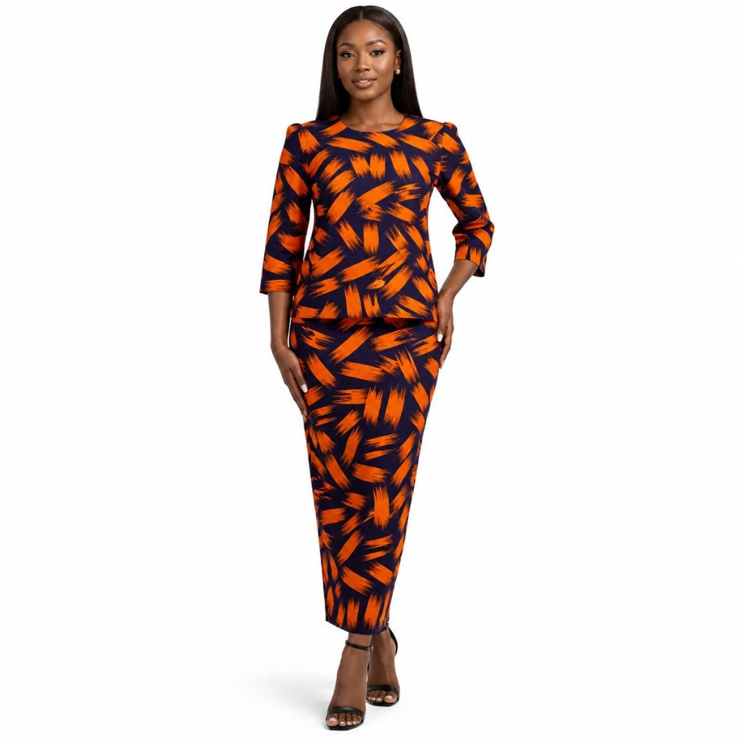 Premium Orange & Navy Abstract Print Fabric