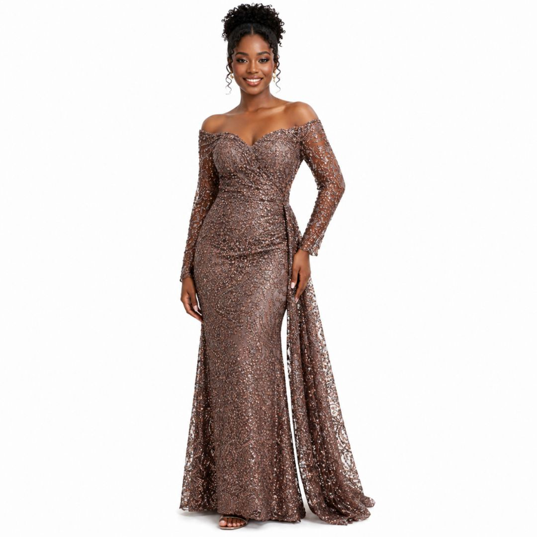 Brown Sequin Embroidered Lace Fabric