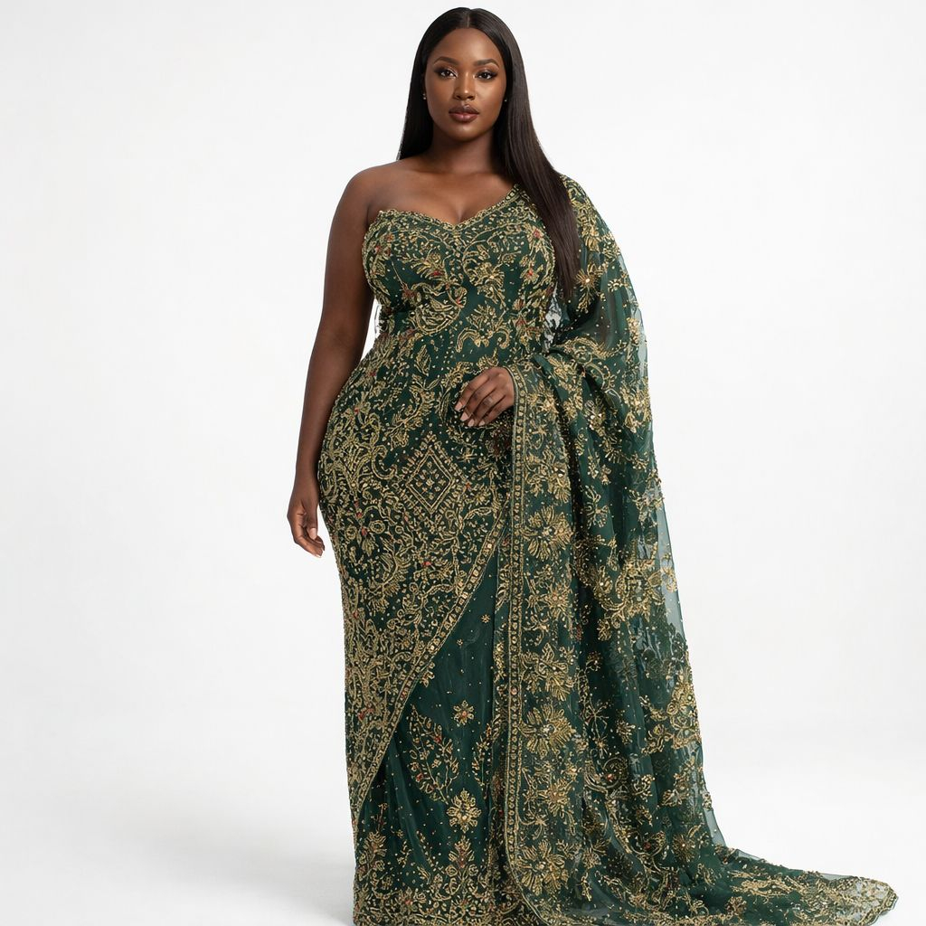 Heavy Embroidered Beaded Net Lace Fabric with Floral Motifs