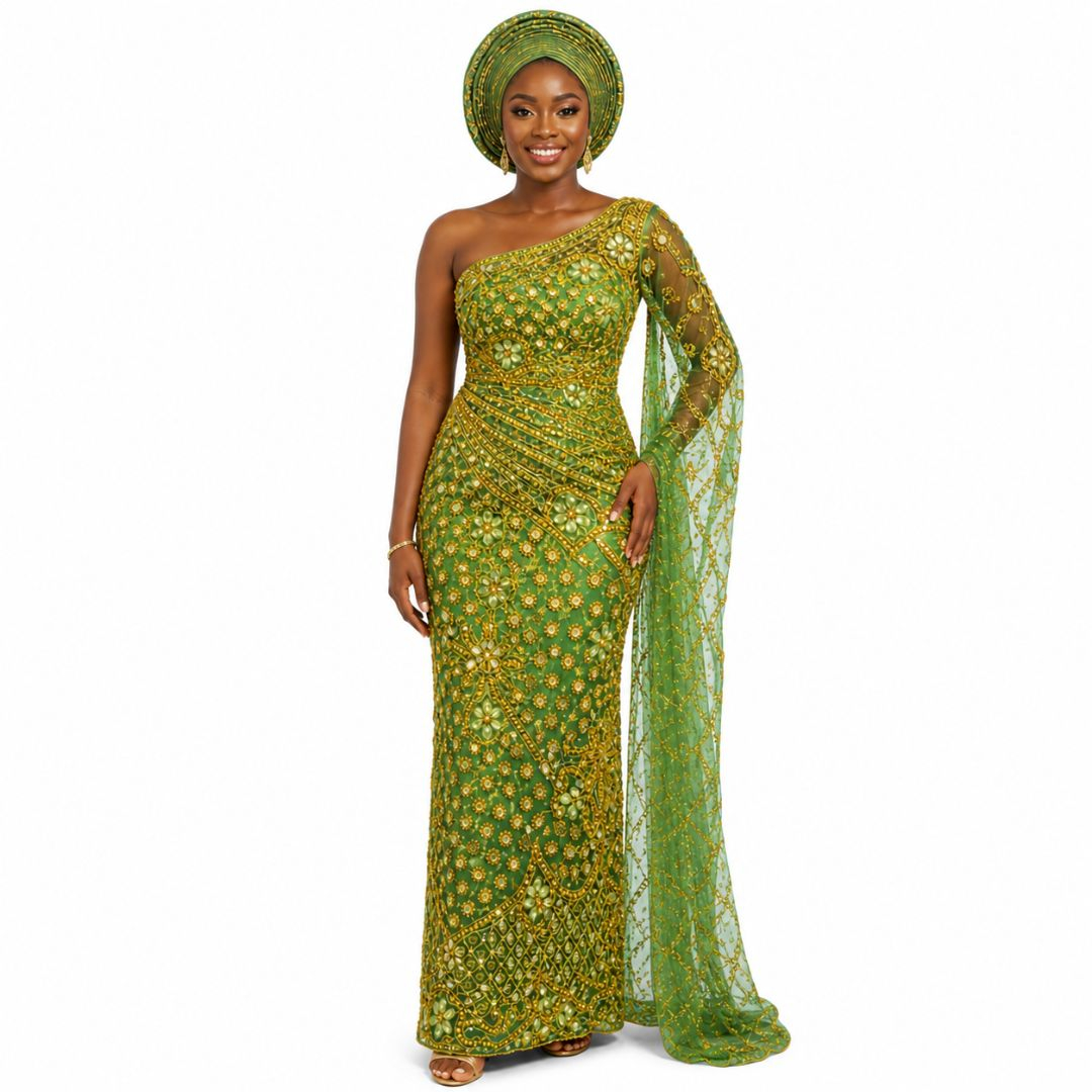 Luxury Green Embroidered Beaded Lace Fabric with Gold Detailing