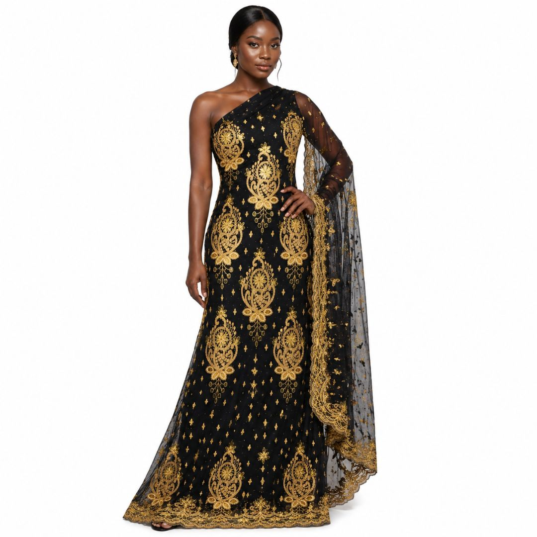 Luxury Black and Gold Embroidered Lace Fabric