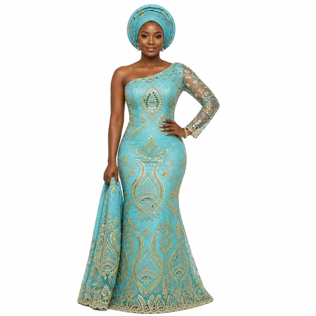 Luxury Ocean Blue Indian George lace With Gold Design