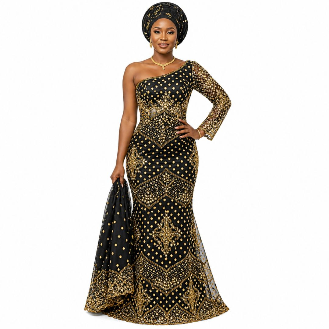 Quality Black with Gold Embroidery Indian George lace fabric