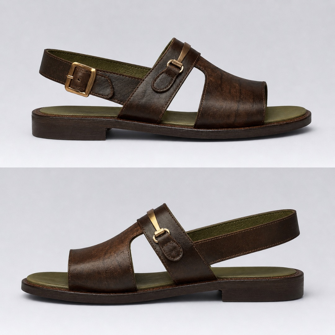 Quality Men Antique Brown Leather Mule Sandal with Minimalist Gold Bar Accent