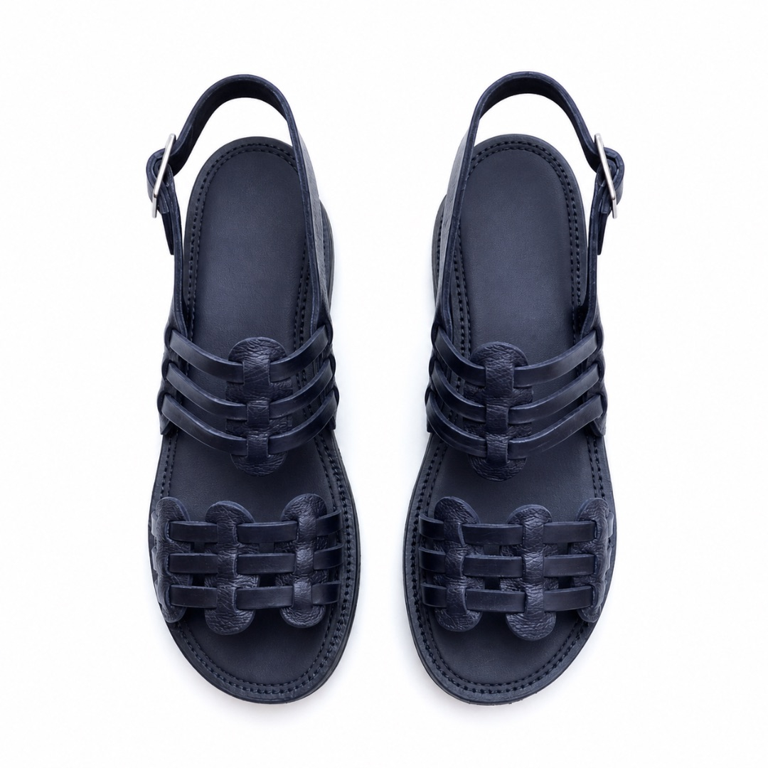Artisan Black Leather Caged Sandals with Adjustable Buckle Strap