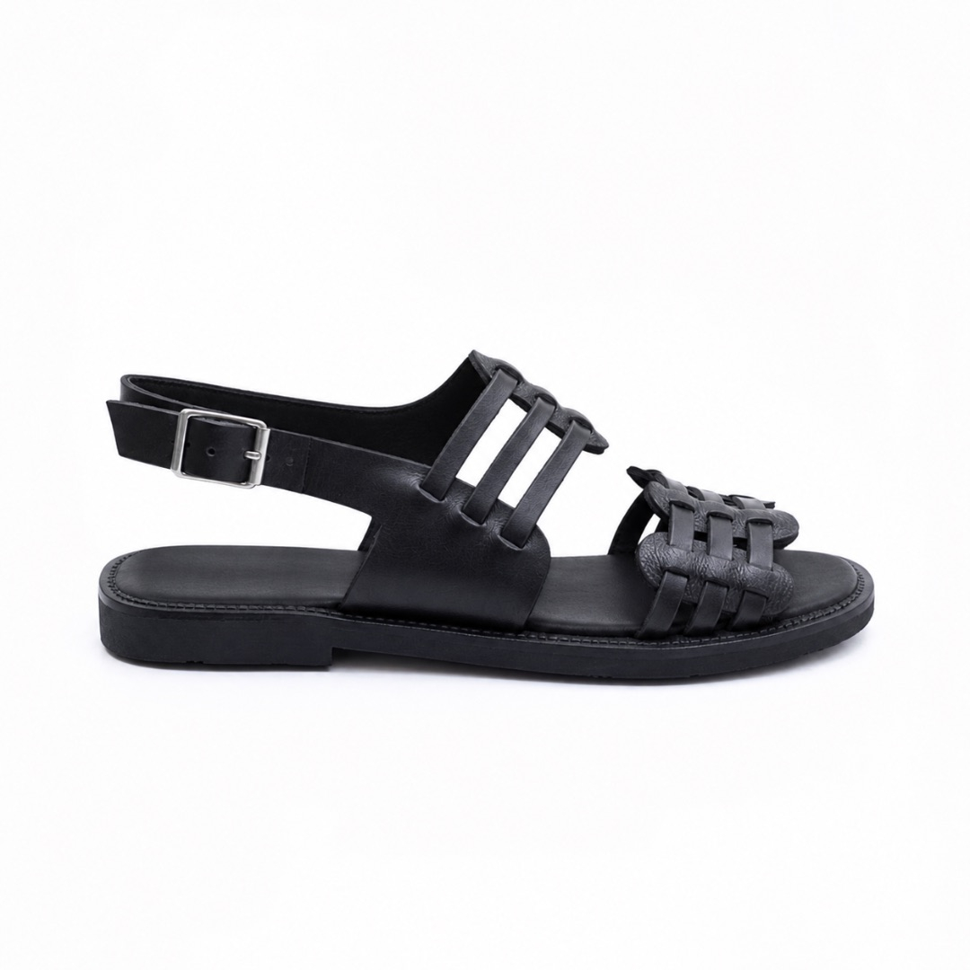 Artisan Black Leather Caged Sandals with Adjustable Buckle Strap