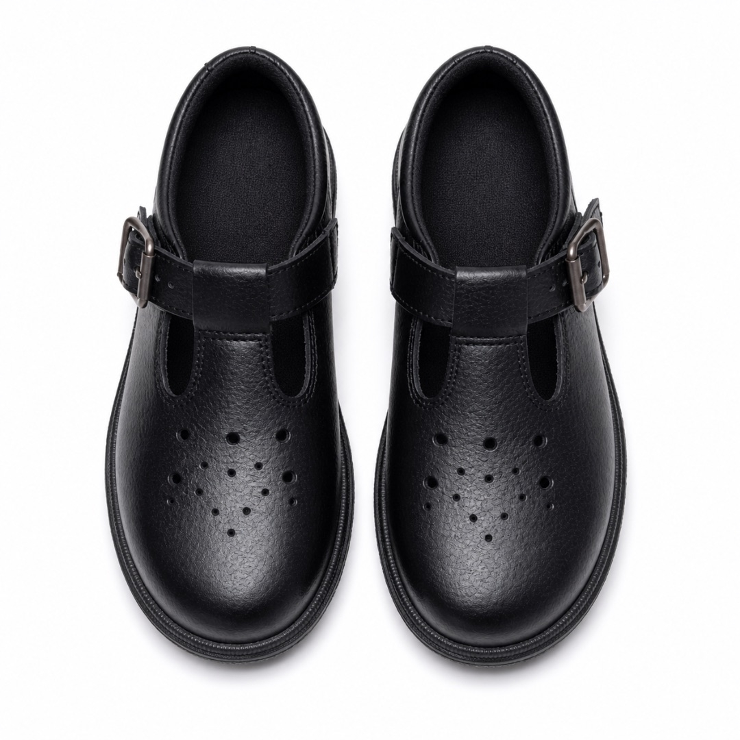 Kids Black Leather T Bar Buckle Shoes