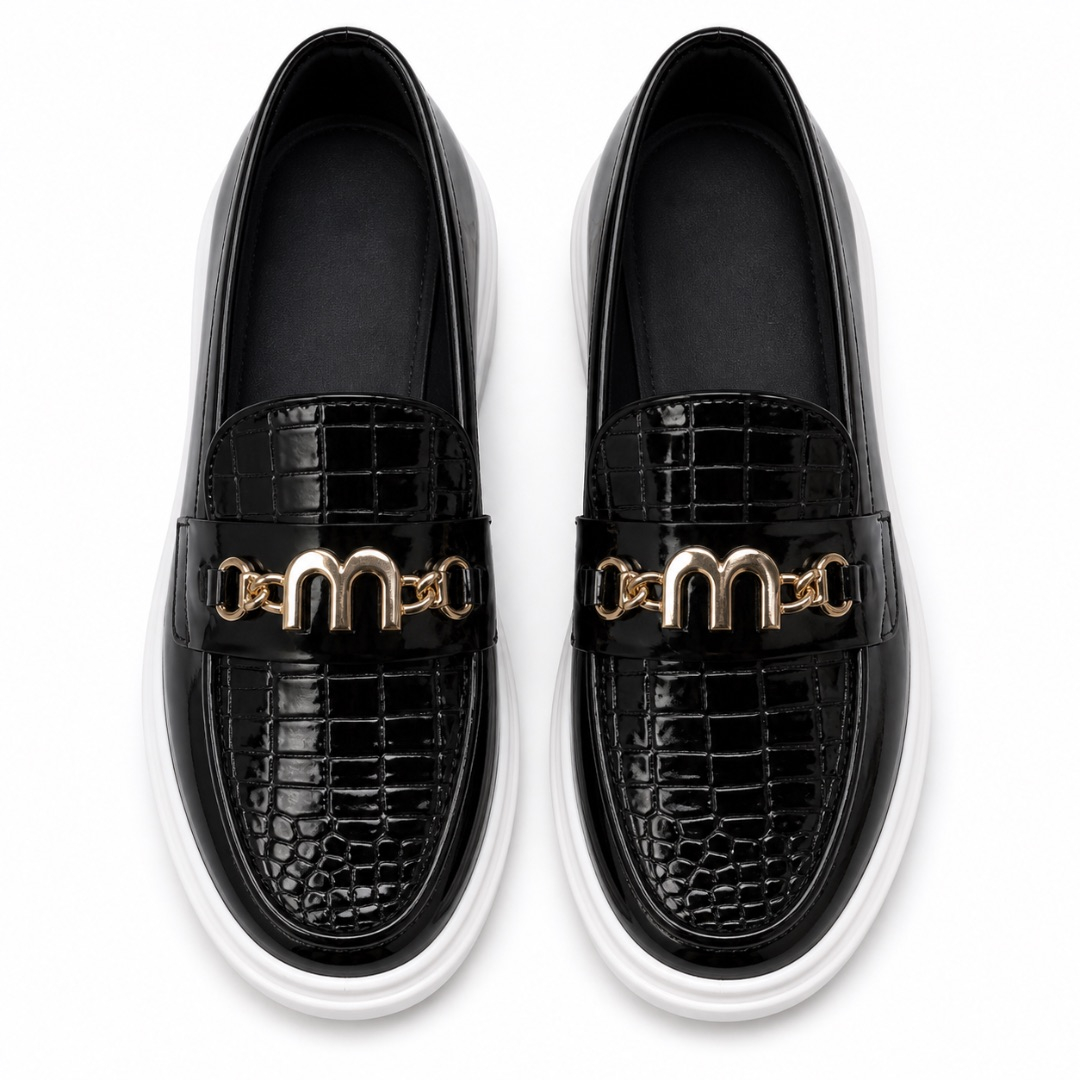 Mens  Black Croc Embossed Loafer Shoes with Gold Chain Detail