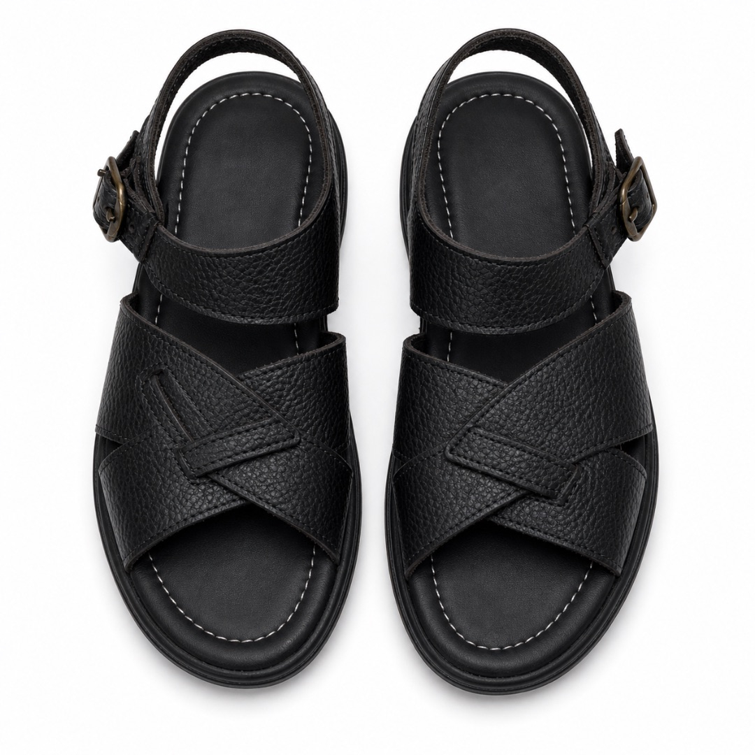 Kids  Black Cross Strap Leather Slide Sandals