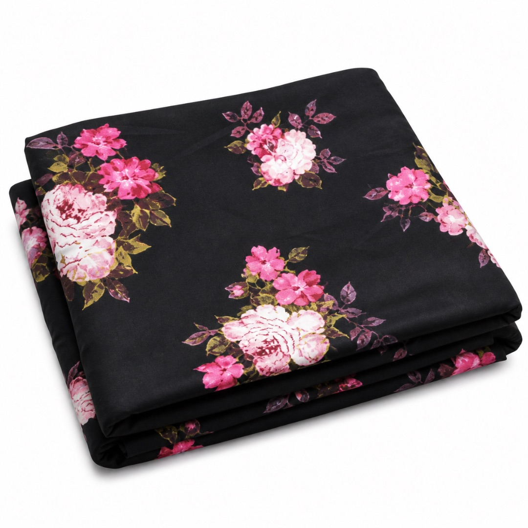 Black Floral Print Fabric     Soft Pink Rose Pattern Lightweight Material