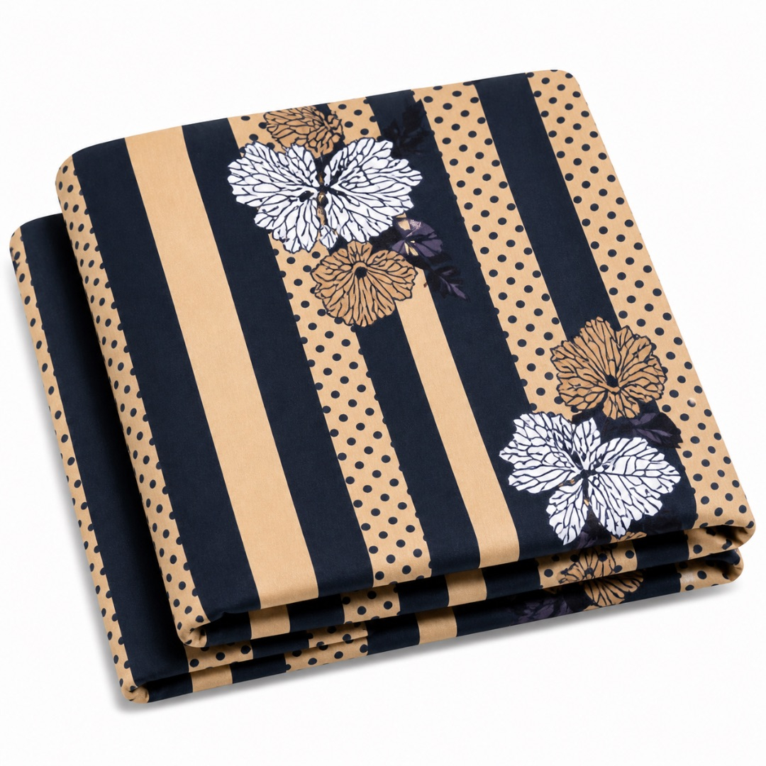 Striped and Polka Dot Floral Fabric      Navy Blue and Beige Pattern Material
