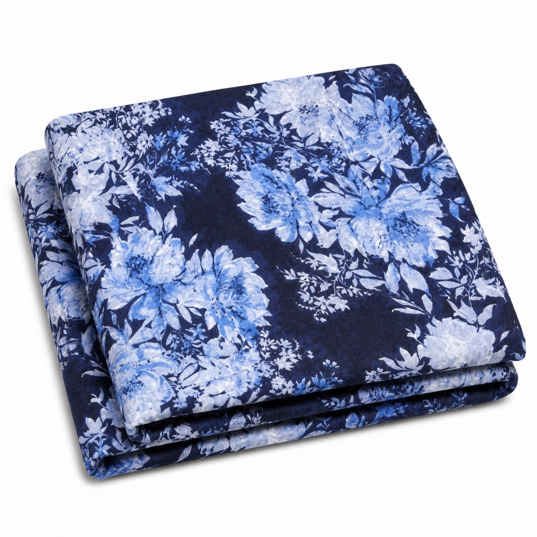 Classic Blue Floral Fabric     Elegant Vintage Blossom Pattern Material