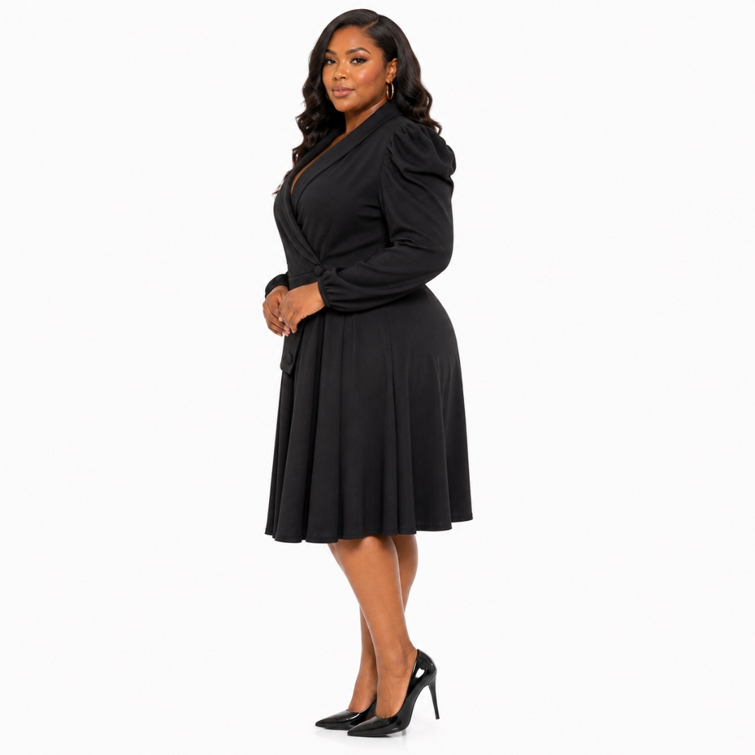 Black Wrap Flare Dress with Puff Sleeves     Elegant Tailored Womens Outfit