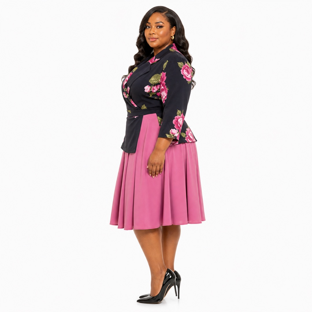 Black Floral Wrap Dress with Pink Flare Skirt      Elegant Two Tone Womens Outfit