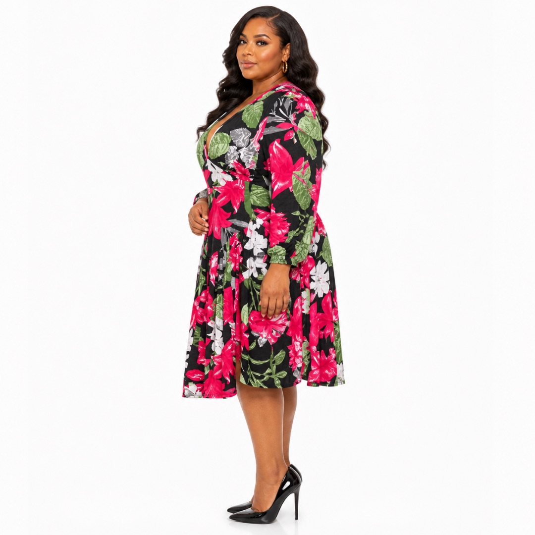 Black Floral Fit and Flare Dress     Bold Red Bloom Elegant Womens Outfit