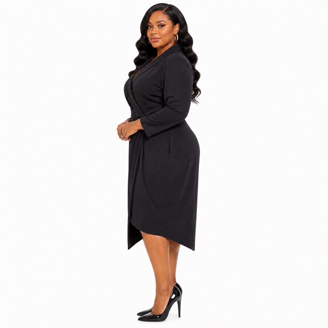 Black Wrap Midi Dress     Classic Elegant Tailored Womens Outfit