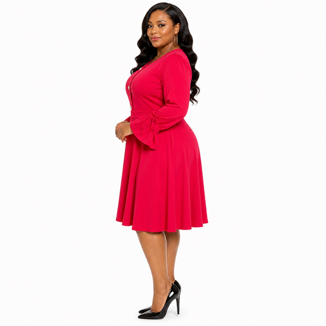 Red Fit and Flare Dress with Button Detail      Elegant Classic Womens Outfit
