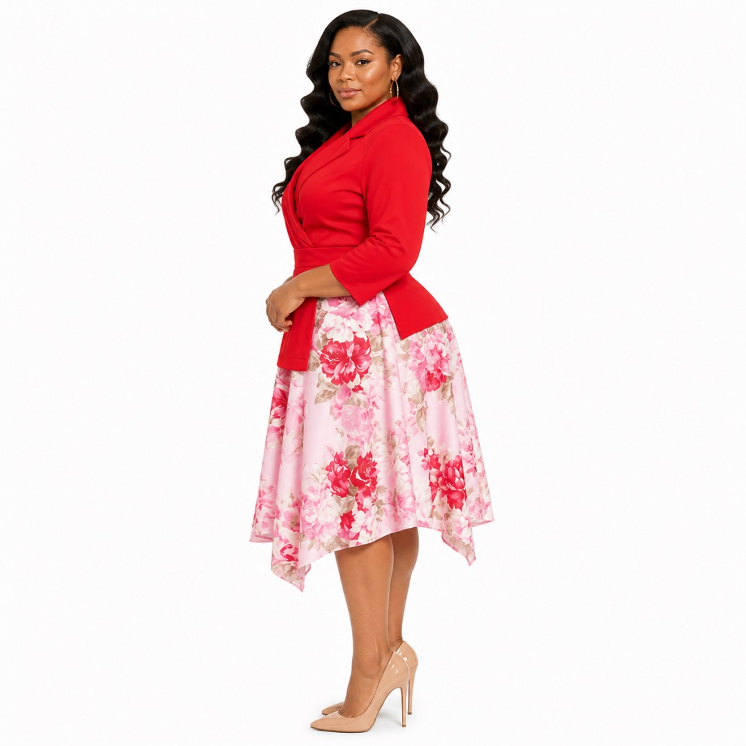Red Blazer Top Dress with Floral Flare Skirt      Elegant Two Tone Womens Outfit