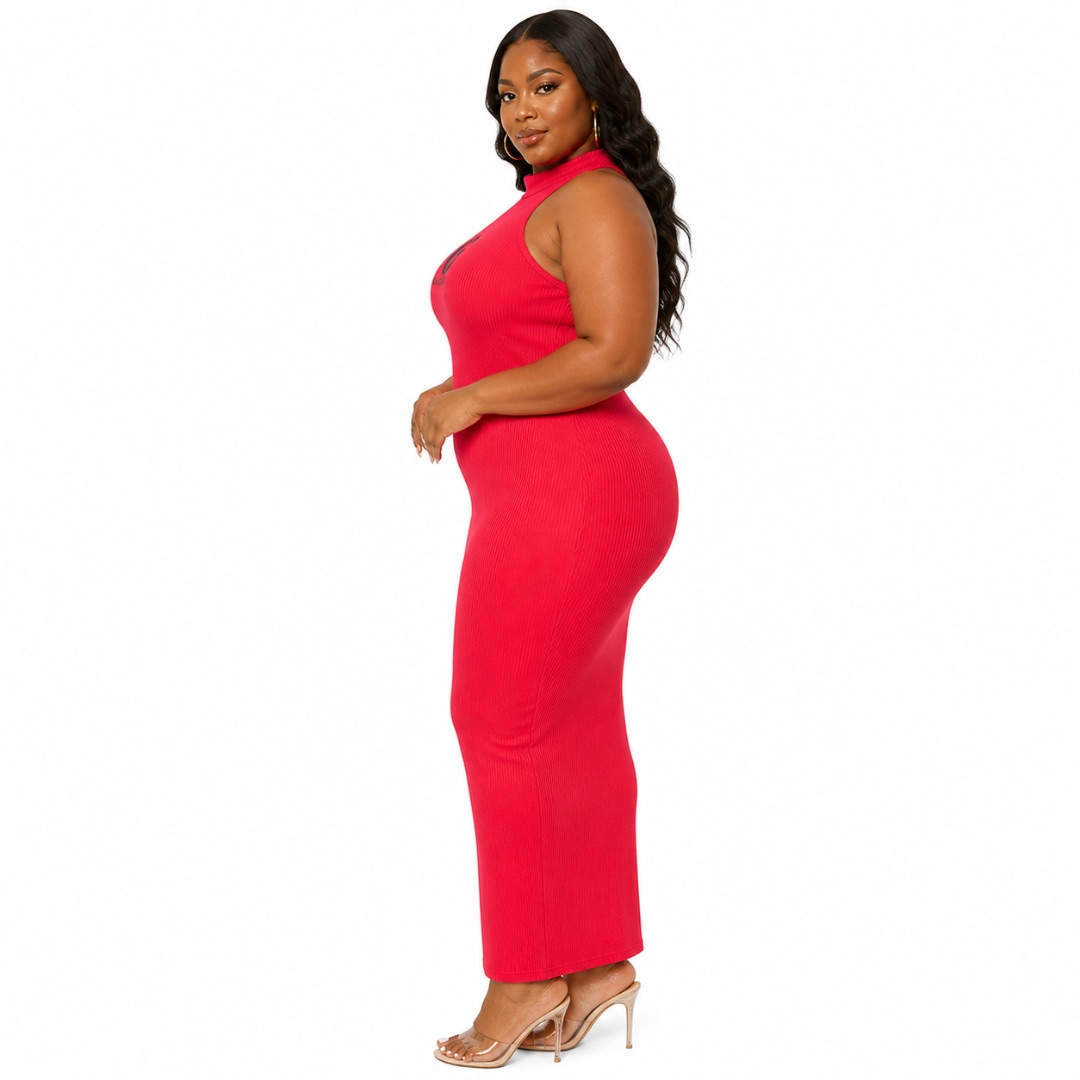 Red Ribbed Bodycon Maxi Dress     Sleek High Neck Sleeveless Fit