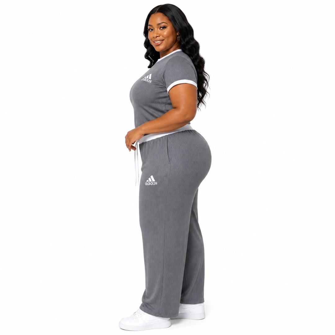 Grey Ribbed Two Piece Lounge Set      Casual T Shirt and Wide Leg Pants Outfit