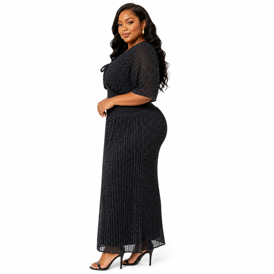 Black Pleated Midi Dress with Sheer Beaded Top       Elegant Tie Neck Womens Outfit