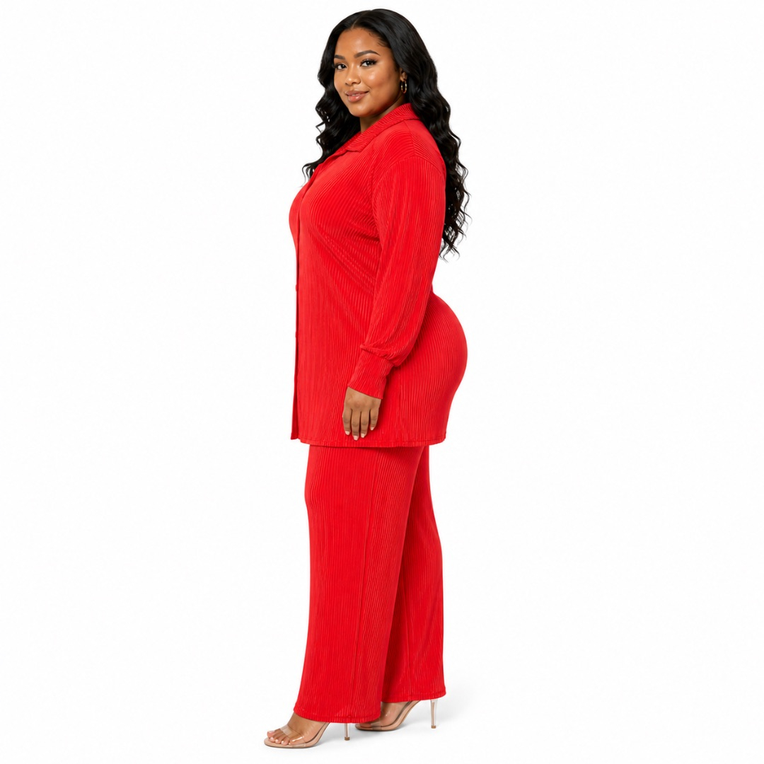 Red Pleated Two Piece Lounge Set      Button Up Long Sleeve Top and Relaxed Pants
