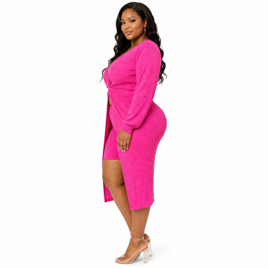 Pink Ribbed Two Piece Shorts Set with Twist Front Top       Chic Cut Out Lounge Outfit