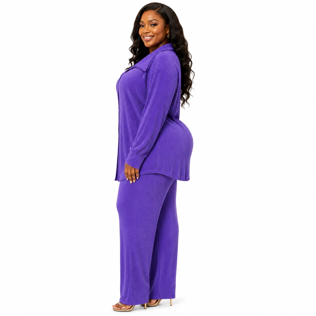 Purple Pleated Two Piece Lounge Set        ButtonUp Long Sleeve Top and Relaxed Pants