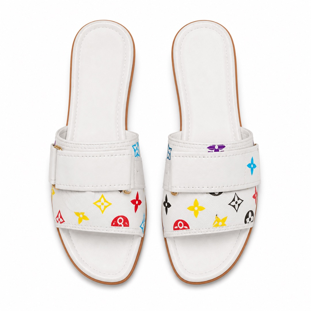 Womens Fashion Printed Double Strap Slide Slippers (White)