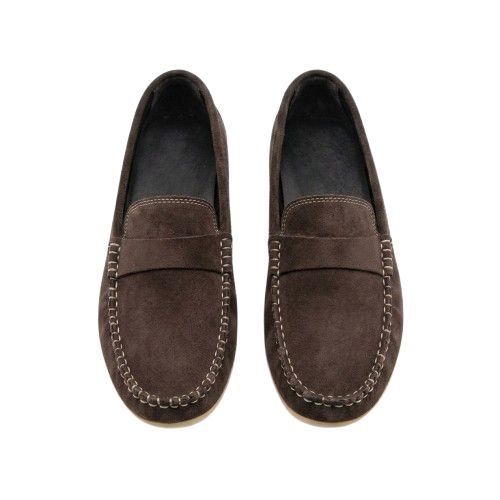 Mens Brown Suede Moccasin Loafers with Gold Hardware