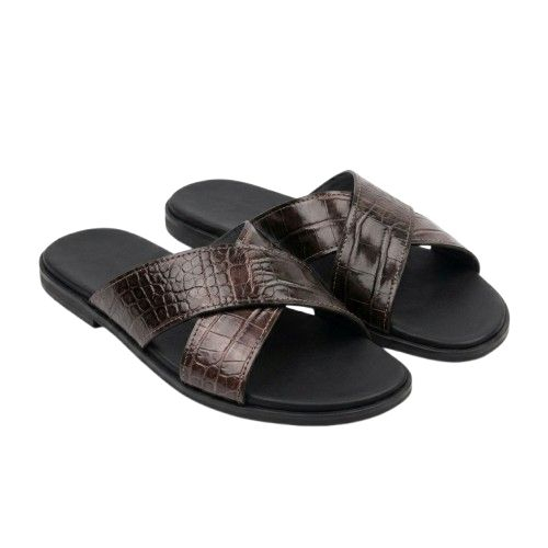Premium Brown Croc Embossed Leather Crossover Slides